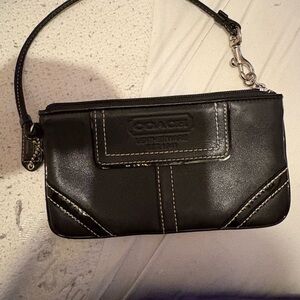 Coach Black Leather Wristlet with Stitch Detail